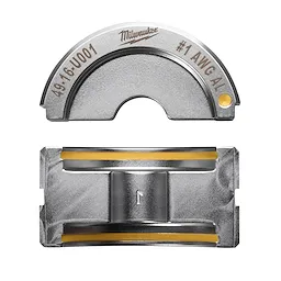 The image shows two views of the %231 Aluminum U Style Die, made of metallic material with yellow accent bands. The top view is an arc shape with text that reads "49.16.U001" and "#1 AWG AL." The bottom view displays a rectangular die component.