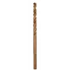 The RED HELIX™ Cobalt 3/16" Drill Bit has a spiral flute design with a bronze finish. It is used for drilling in hard metals and offers enhanced durability and speed.