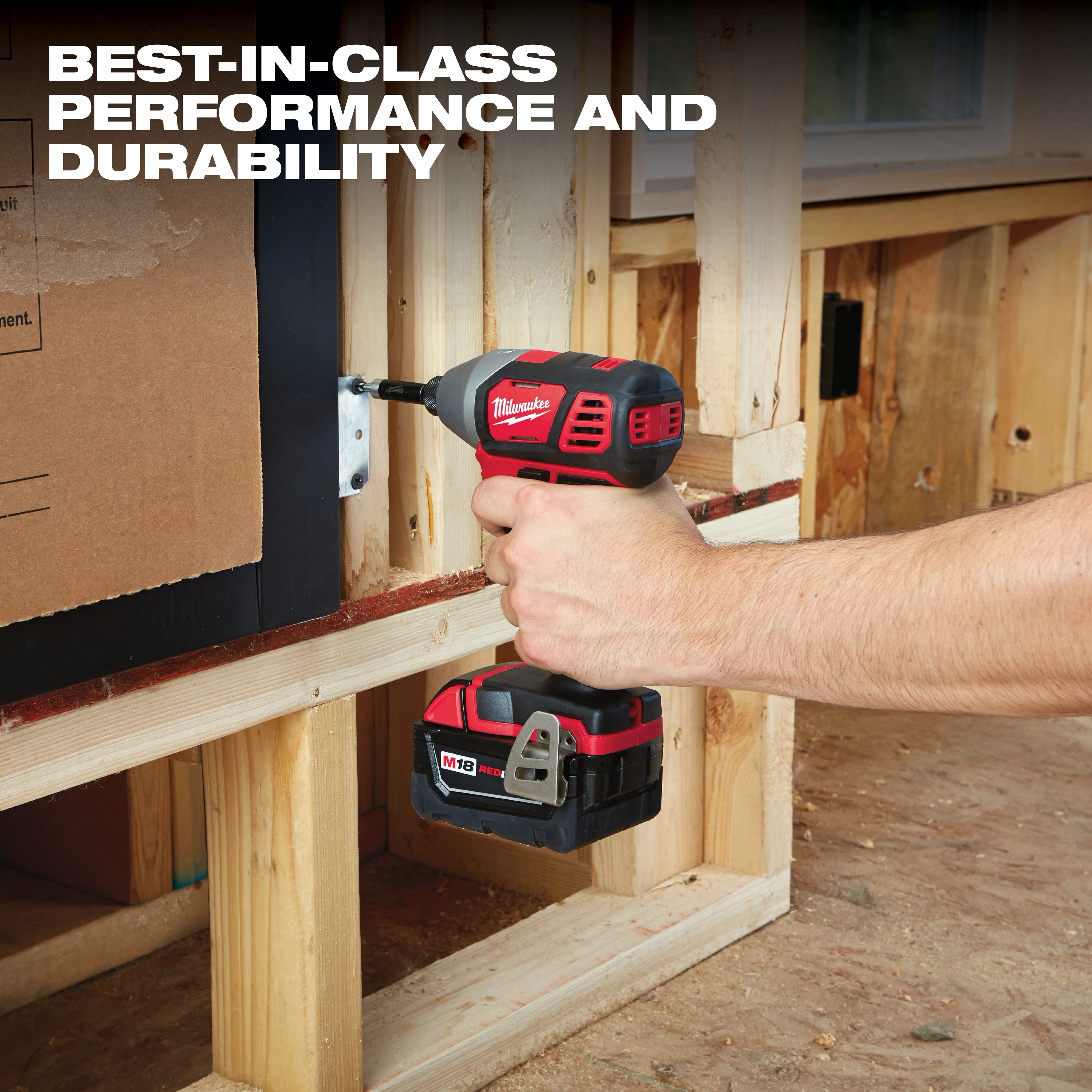 A person uses a cordless power drill from the M18 Cordless LITHIUM-ION 4-Tool Combo Kit to screw a metal bracket into wooden framing. The text "Best-in-class performance and durability" is shown at the top of the image.