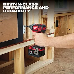 A person uses a cordless power drill from the M18 Cordless LITHIUM-ION 4-Tool Combo Kit to screw a metal bracket into wooden framing. The text "Best-in-class performance and durability" is shown at the top of the image.