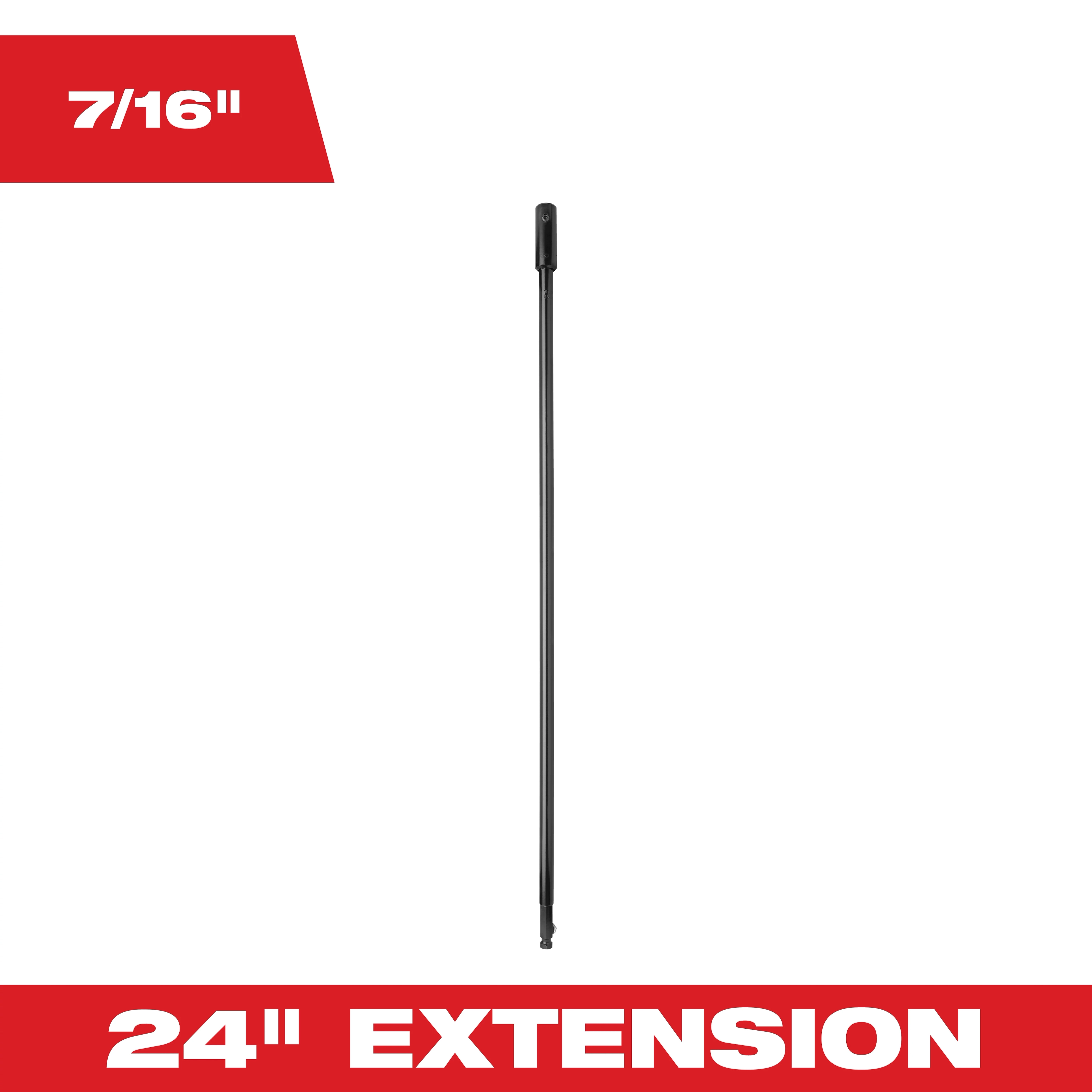 Milwaukee 7/16" by 24" Extension, a long, thin, black drill bit extension. The dimensions are highlighted on the image, with "7/16"" at the top left and "24"" EXTENSION" at the bottom.