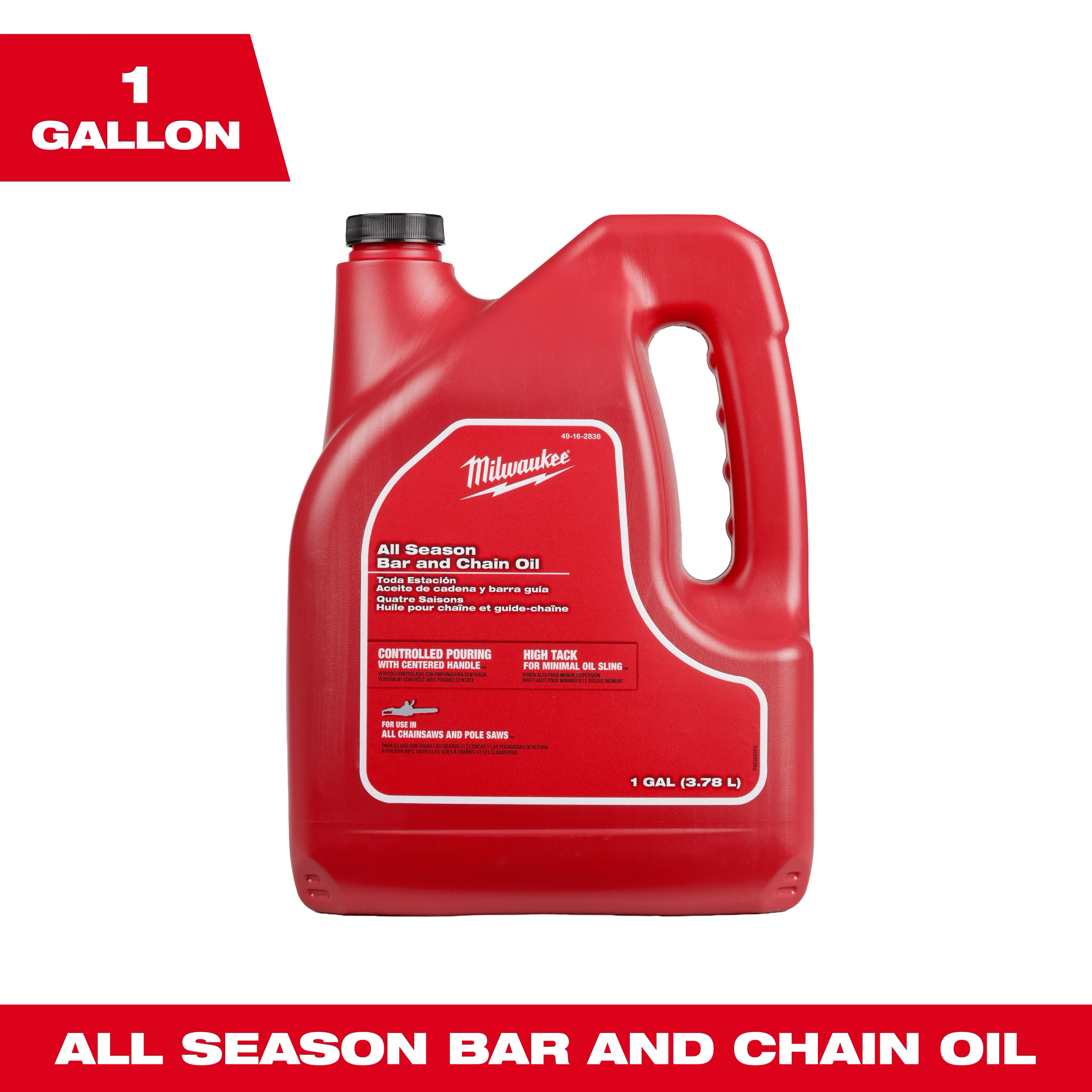 Milwaukee 1 Gallon All Season Bar and Chain Oil in a red plastic container with handle and black cap. Designed for performance in high-tack conditions, reduces friction and wear on chains and guide bars. Suitable for use with all chainsaws and pole saws.