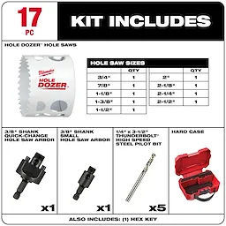 HOLE DOZER Bi-Metal Hole Saw Kit - 17PC Kit Includes various hole saw sizes, arbors, pilot bits, hex key, and a hard case.