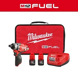 Milwaukee M12 FUEL 1/4" Hex 2-Speed Screwdriver Kit includes a screwdriver, two batteries, charger, and red carrying case.