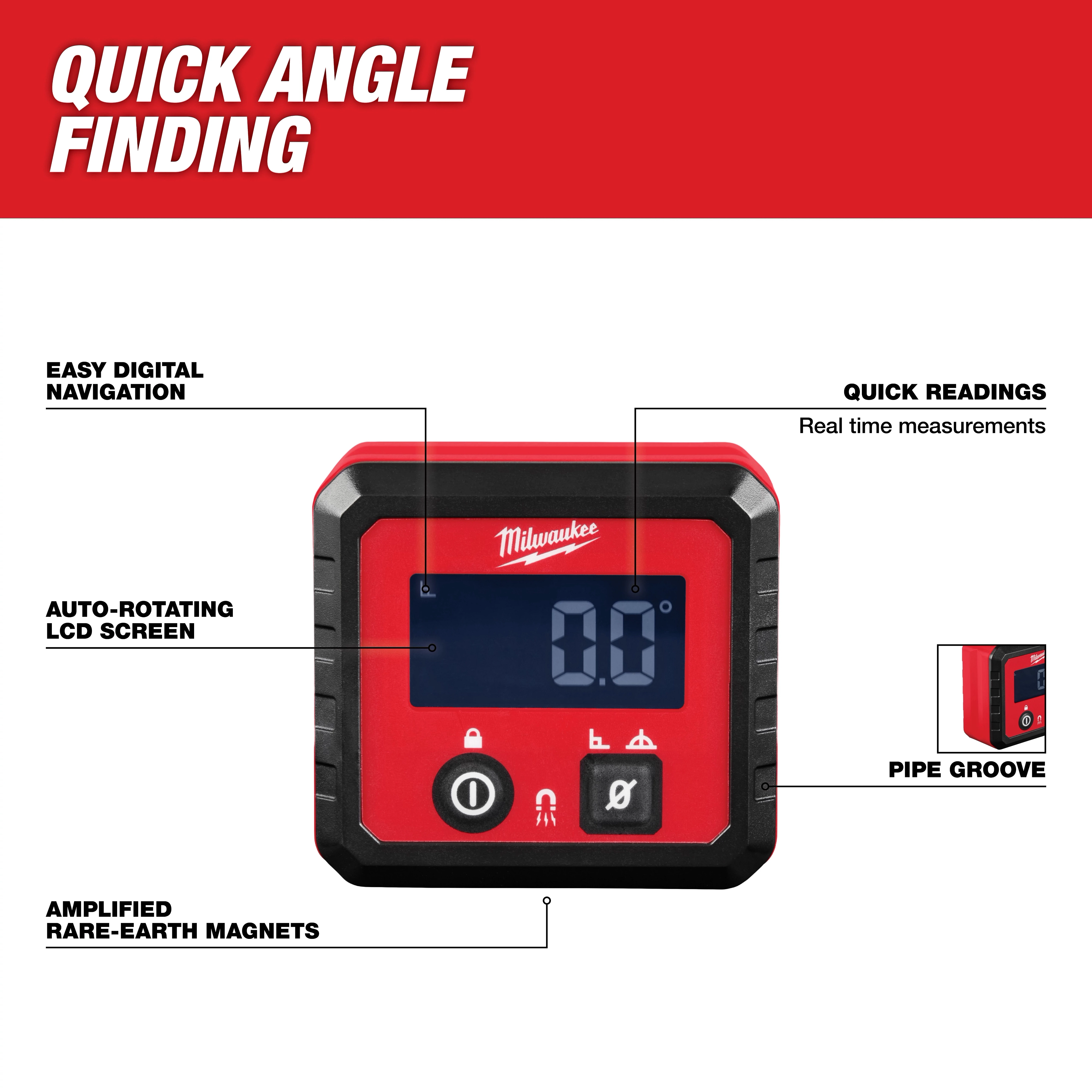 Digital Angle Gauge product image highlighting features like easy digital navigation, quick readings, auto-rotating LCD screen, and pipe groove.