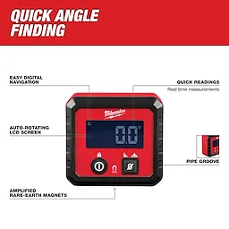 Digital Angle Gauge product image highlighting features like easy digital navigation, quick readings, auto-rotating LCD screen, and pipe groove.