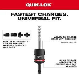 The 5PC 3/8" QUIK-LOK™ Arbor Set offers fast changes and a universal fit. It includes hole enlargement, large thread pin adapter, small thread adapter, and large thread adapter for various hole saw sizes, enhancing compatibility and preventing thread stripping.