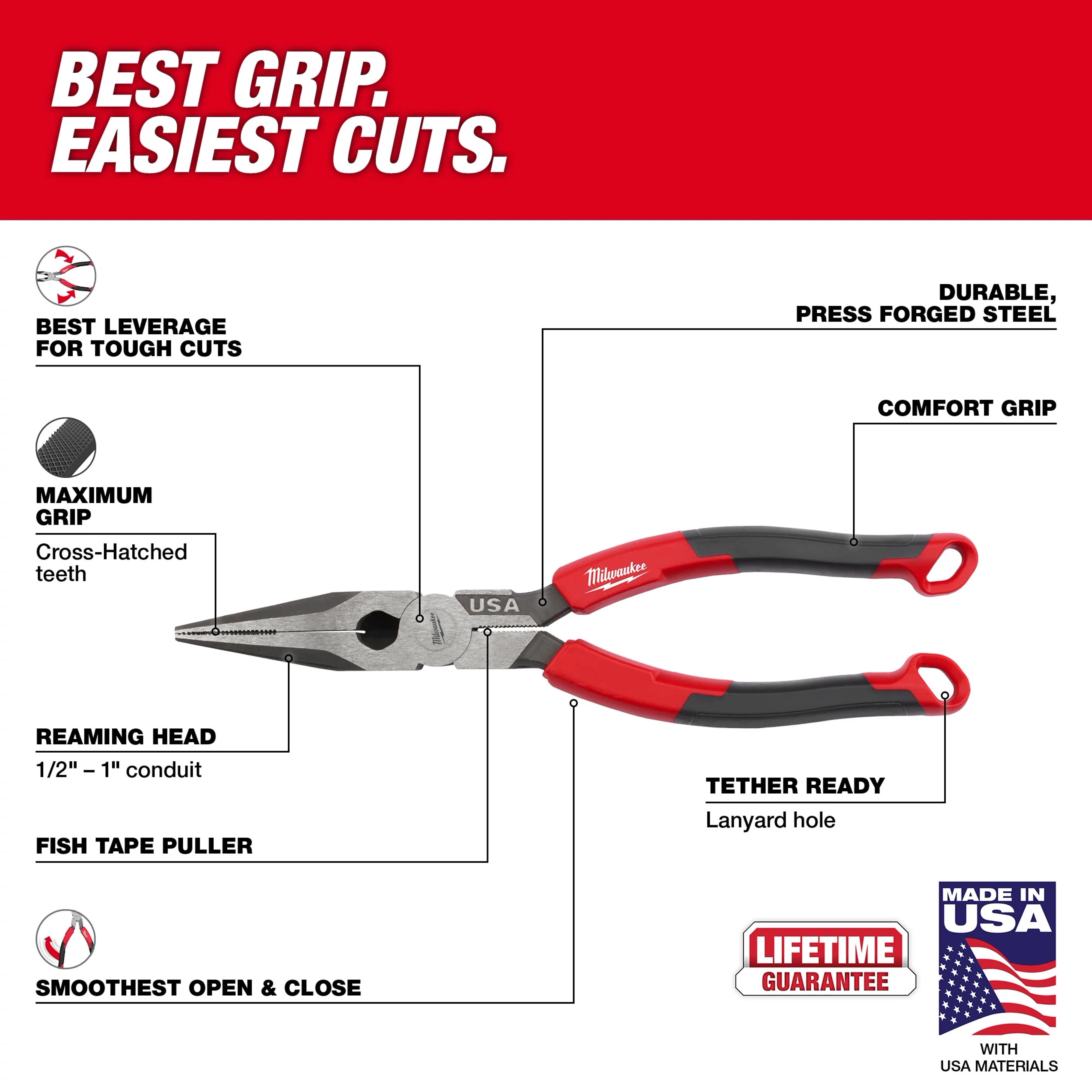 8" Long Nose Comfort Grip Pliers with red and black handles, featuring a durable, press-forged steel construction, and a tether-ready lanyard hole. Made in the USA.