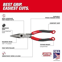 8" Long Nose Comfort Grip Pliers with red and black handles, featuring a durable, press-forged steel construction, and a tether-ready lanyard hole. Made in the USA.