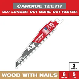 The Sawzall Bi-Metal Carbide Primary Images feature 6-inch saw blades with carbide teeth for cutting wood with nails. The pack includes three blades, each with 5 teeth per inch (TPI), designed to cut longer, faster, and more efficiently.