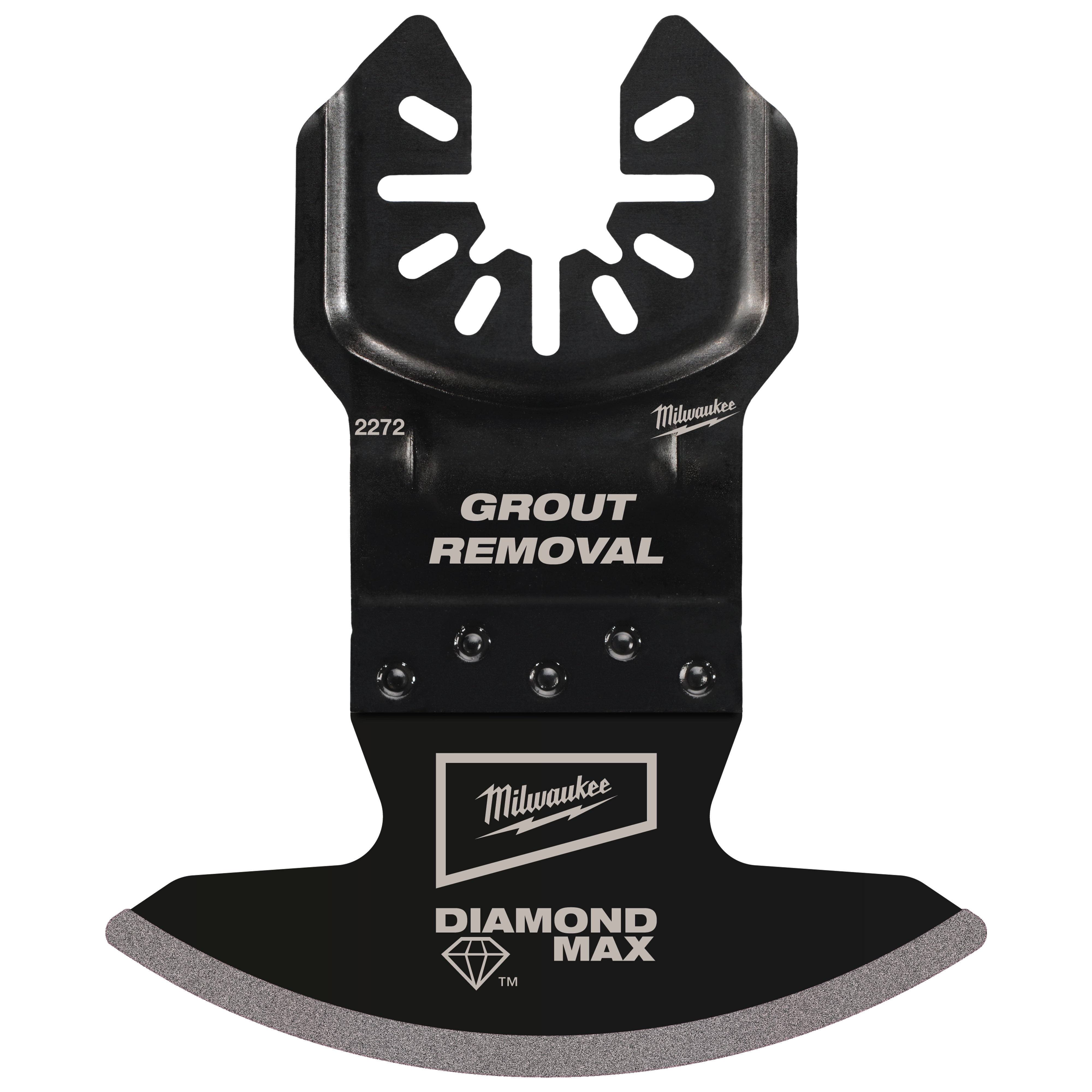 Milwaukee Open-Lok Diamond Max Diamond Grit Grout Removal Multi-Tool Blade features a curved grit edge for precise grout removal.