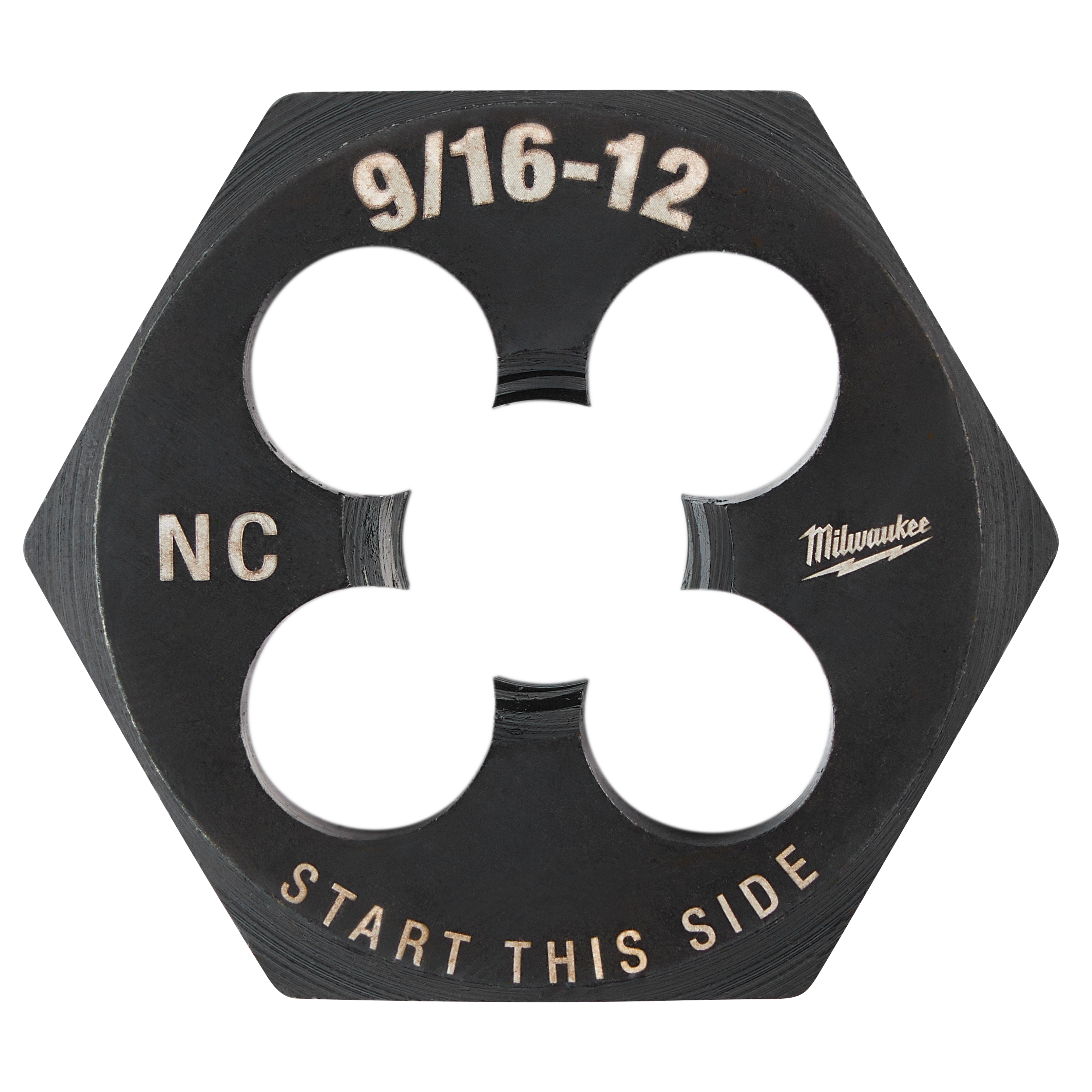 Milwaukee 9/16"-12 NC 1-7/16" Hex Threading Die, black, hexagonal shape with four circular openings labeled "START THIS SIDE".