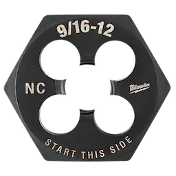 Milwaukee 9/16"-12 NC 1-7/16" Hex Threading Die, black, hexagonal shape with four circular openings labeled "START THIS SIDE".