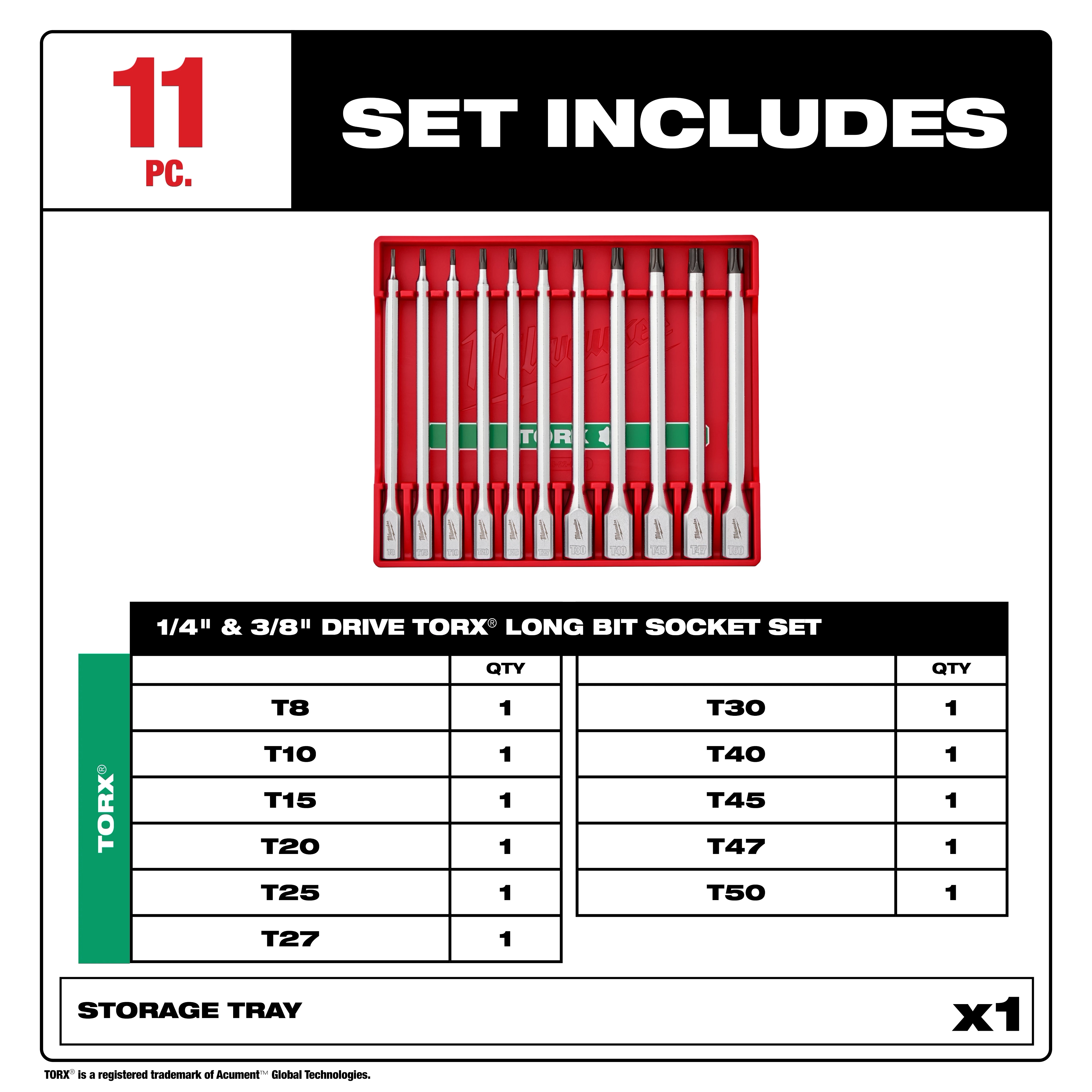 11pc 1/4” and 3/8” Drive Long TORX Bit Socket Set, with 11 sockets including sizes T8 to T50 shown in a red storage tray.