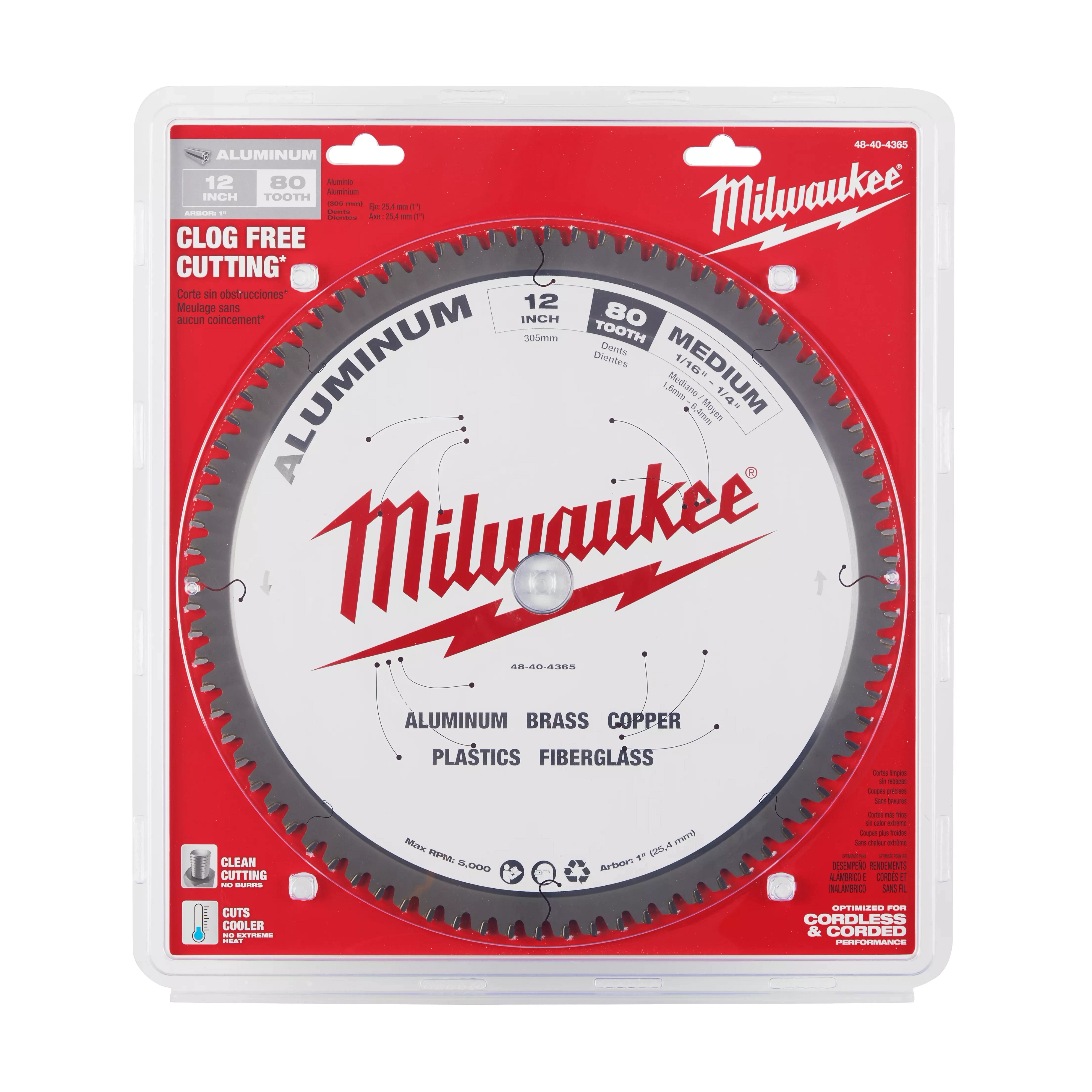 12” Aluminum Cutting Circular Saw Blade with 80 teeth, offering clean, clog-free cutting for aluminum, brass, copper, plastics, and fiberglass.