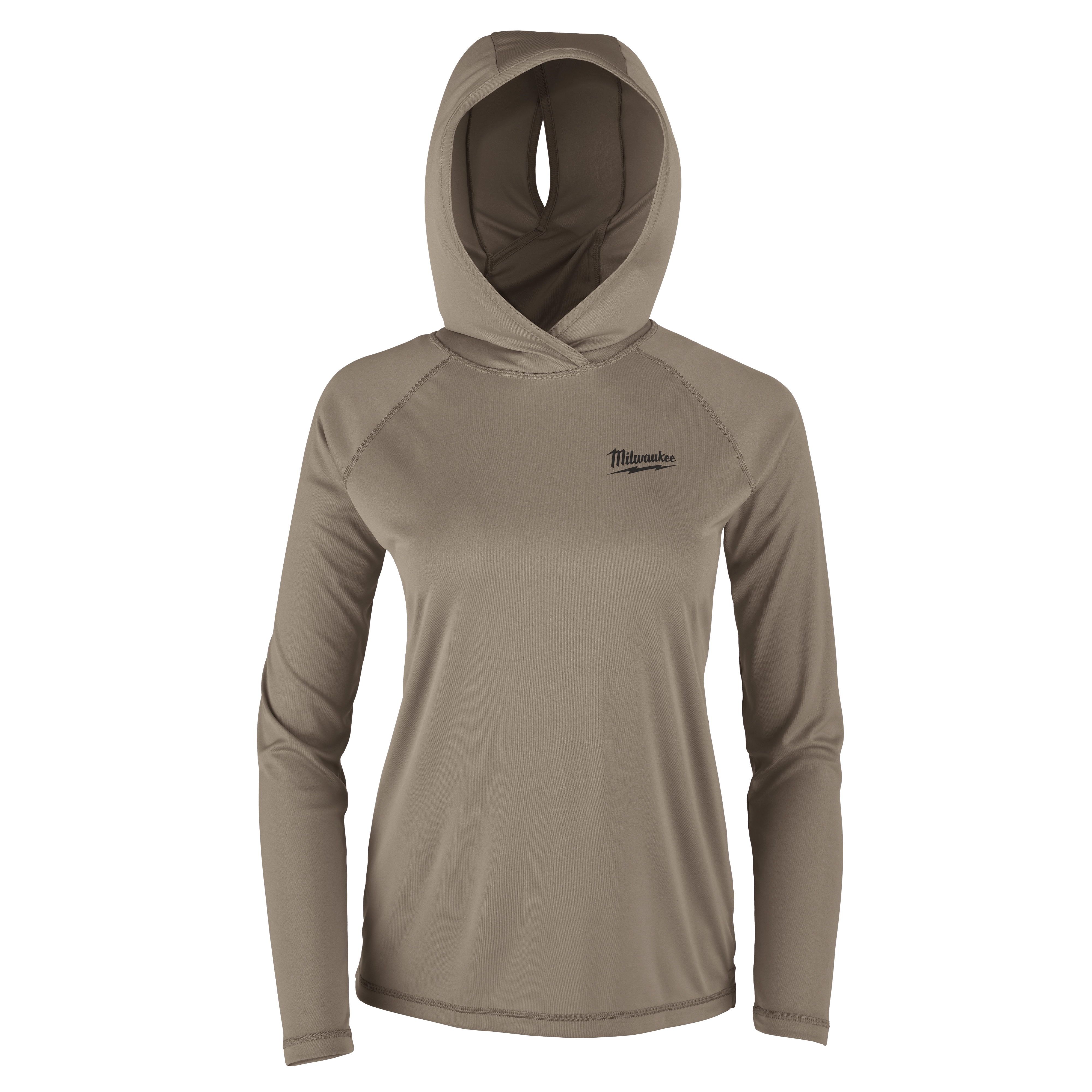 The image shows the Women's WORKSKIN™ Hooded Sun Shirt – Sandstone. It is a long-sleeved, light brown hooded shirt designed for sun protection with the Milwaukee logo on the chest.
