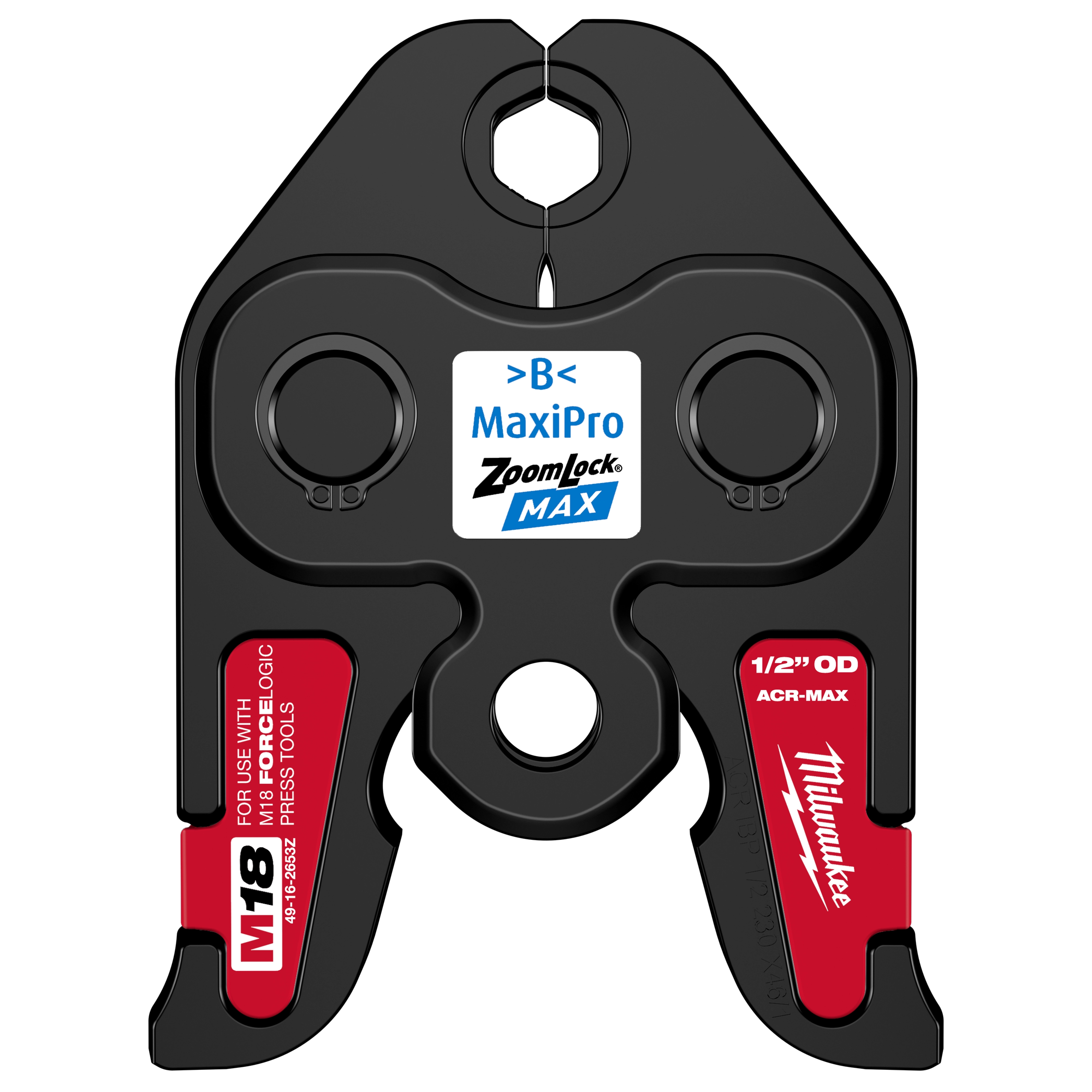 1/2" ZoomLock MAX Press Jaw for M18 FORCE LOGIC Press Tools features a black and red design with labels and text detailing usage.