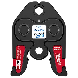 1/2" ZoomLock MAX Press Jaw for M18 FORCE LOGIC Press Tools features a black and red design with labels and text detailing usage.