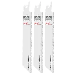 The 6" Carbide Grit SAWZALL® Blade (3 PK) from Milwaukee is depicted. It features three white blades with a gritty cutting edge, labeled for tile and stone use. Each blade has a hole at the top and branding, indicating 6-inch length and carbide grit material.