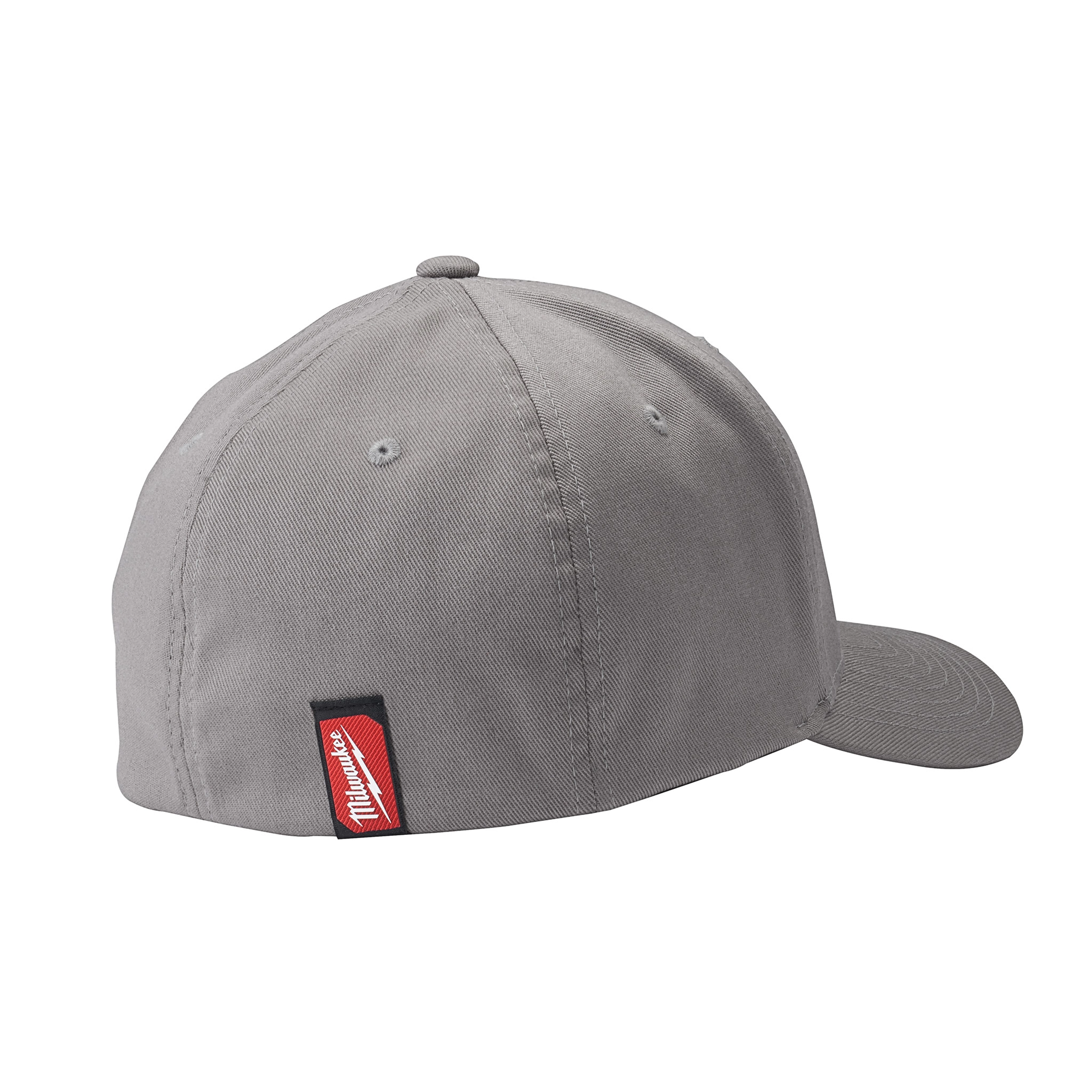 Gray Milwaukee Fitted Hat with a curved brim, featuring a small red and white Milwaukee logo tag on the side seam.