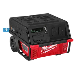 Red and black ROLL-ON 7200W/3600W 6.0kWh Power Supply with wheels, digital display, multiple sockets, and connectivity icon.
