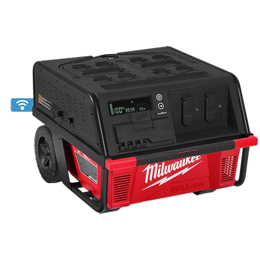 Red and black ROLL-ON 7200W/3600W 6.0kWh Power Supply with wheels, digital display, multiple sockets, and connectivity icon.