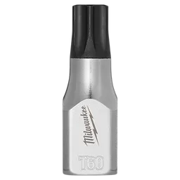 Milwaukee 3/8" Drive T60 Tamper-Proof TORX Bit Socket features a sleek metallic body with a black TORX bit. The words "Milwaukee" and "T60" are engraved on the body.