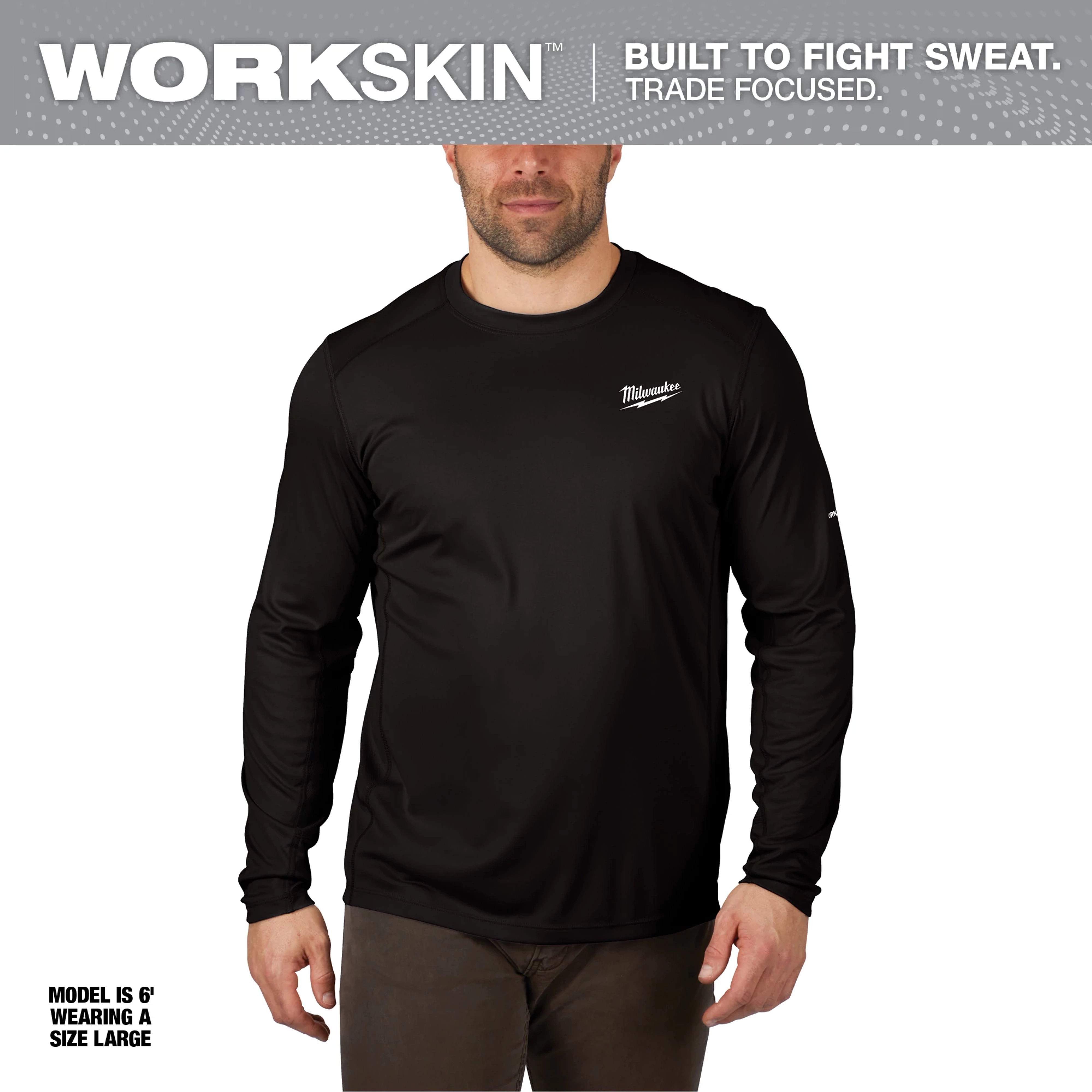 WORKSKIN Lightweight Performance Shirt - Long Sleeve in black, displayed on a male model wearing size large, text above reads "built to fight sweat."