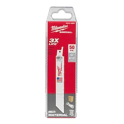 Milwaukee 6" 8/12 TPI Sawzall® Blade (50 pk) in clear plastic packaging with red and black design. The label indicates "3X Life" and "Multi-Material Use" along with the American flag. Suitable for cutting metal, wood, and plastic.