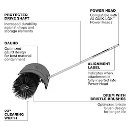 M18 FUEL QUIK-LOK Bristle Brush Attachment with long shaft and large cylindrical bristle drum on white background.