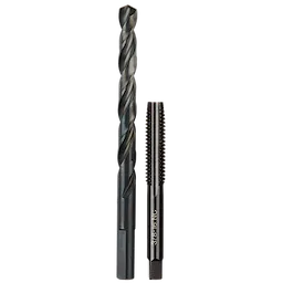 3/8"-16 Straight Flute Plug Tap and 5/16" Drill Bit set, featuring a spiral drill bit beside a straight flute tap tool.