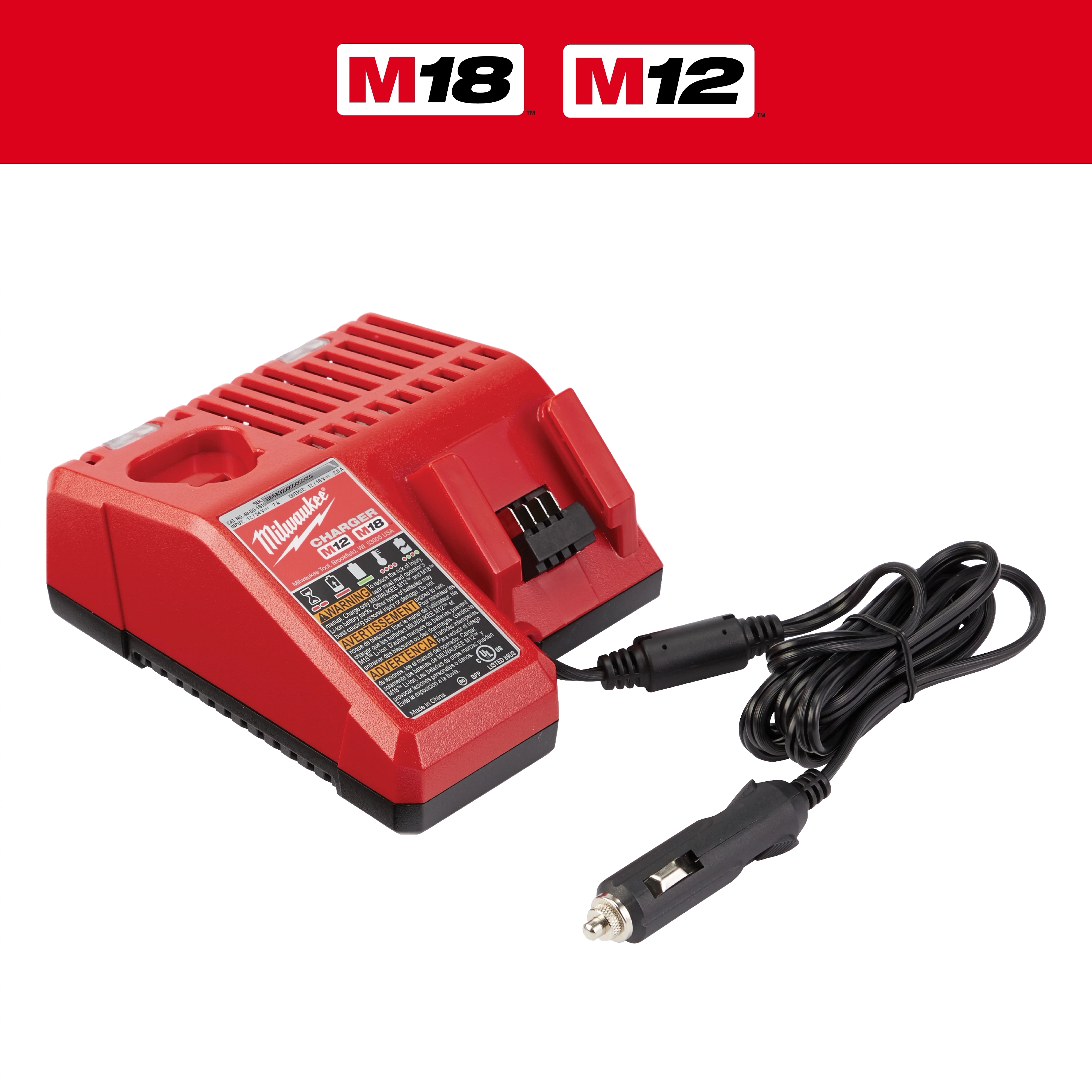Milwaukee M18 and M12 car charger features a red, vented charging unit with a black base and an attached car adapter cable. The Milwaukee logo and product details are visible on the front label.