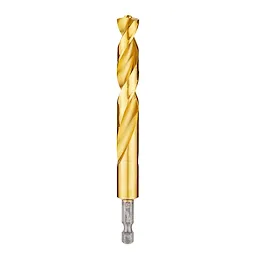 The Red Helix Titanium Impact Drill Bit features a gold-colored titanium coating and a spiral design for enhanced drilling efficiency. It is fitted with a hex shank for secure attachment to impact drivers, offering durability and precision in heavy-duty applications.