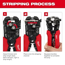 Self-Adjusting Wire Stripper & Cutter demonstration with three steps: adjusting tension and strip-length dials, placing wire into stripping channel, and squeezing handles together. Red and black tool with Milwaukee branding performs the stripping process. Instructions are labeled with corresponding images and text descriptions.