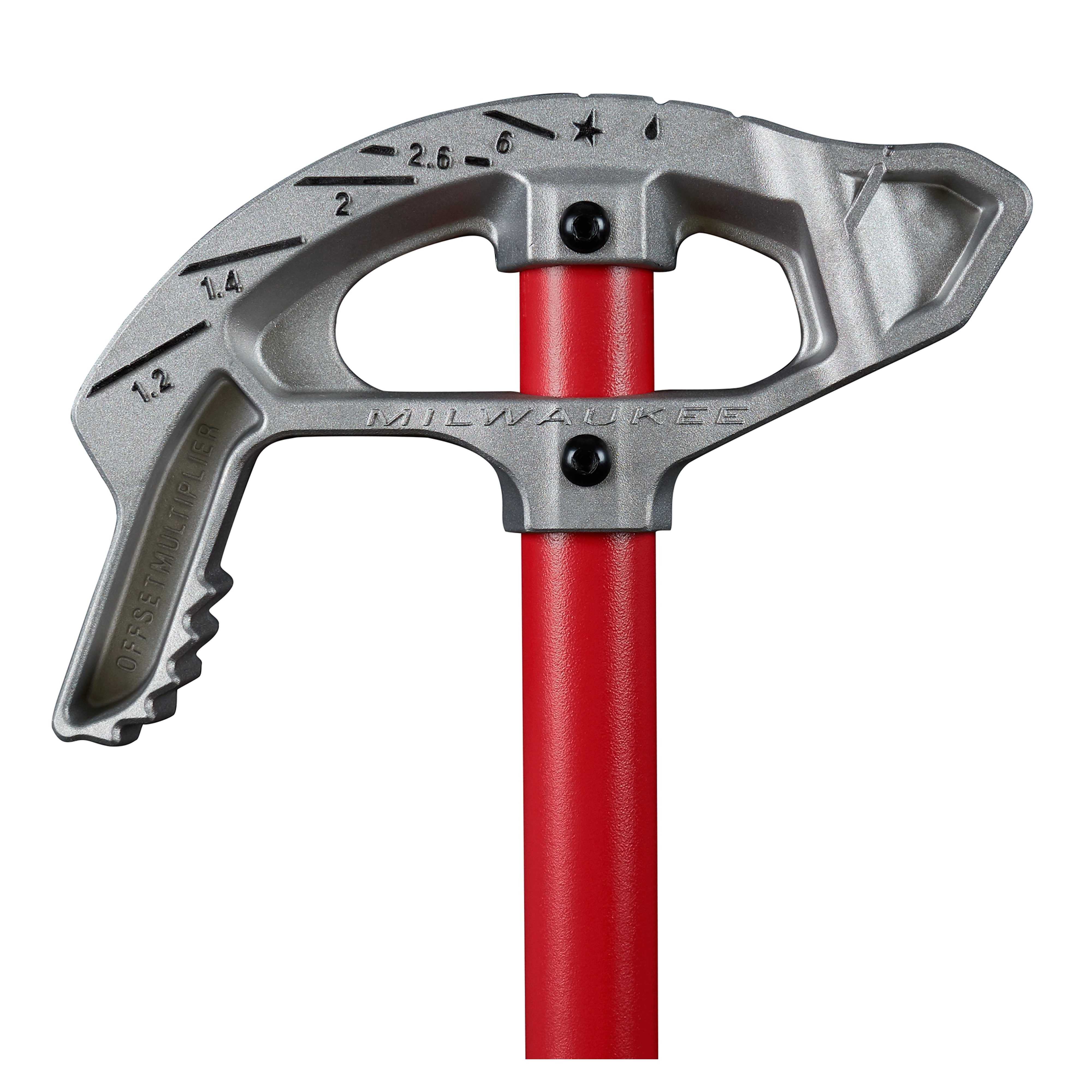 3/4" EMT Aluminum Conduit Bender with red handle, featuring measurement scales and grip design for versatile bending tasks.