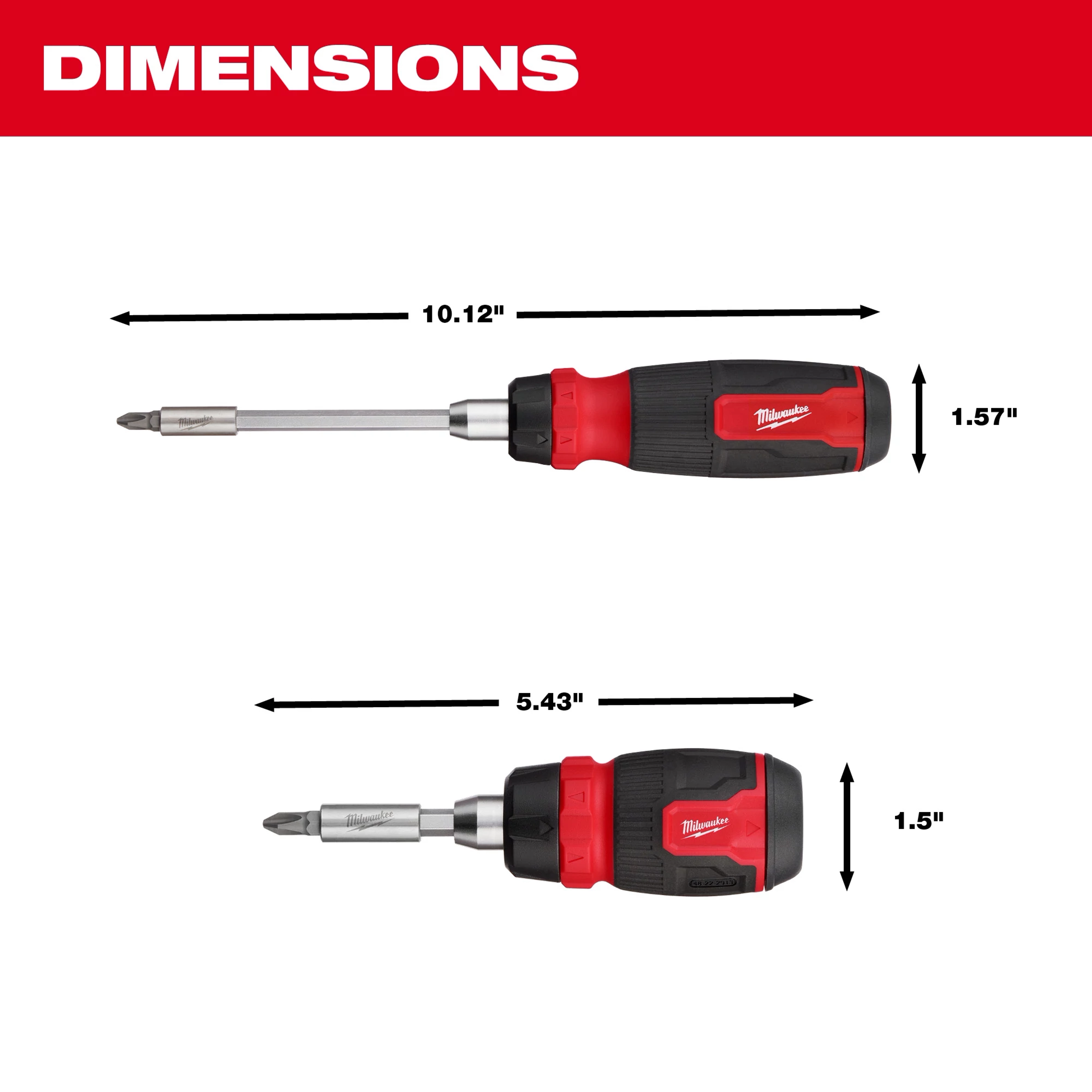 2pc 14-in-1 Ratcheting Multi-Bit and 8-in-1 Ratcheting Compact Multi-bit Screwdriver Set shown with dimensions: 10.12" and 5.43".