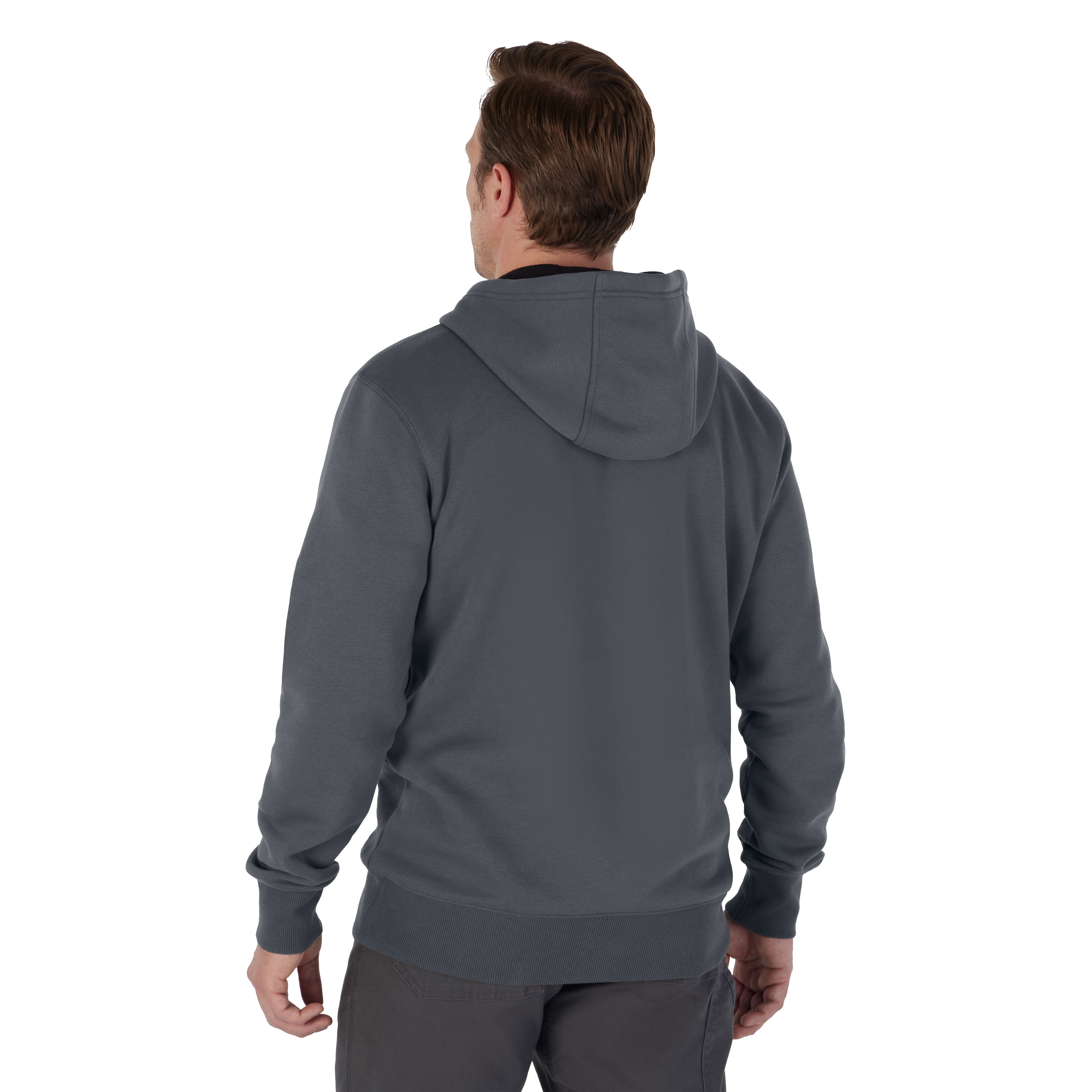 Man wearing the gray midweight pullover hoodie