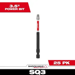 Image of SHOCKWAVE™ 3-1/2” Impact Duty Square Recess #3 Power Bits Bulk 25-pack. The bit is black with a red section labeled "Milwaukee." The top of the image says "3.5'' POWER BIT," and the bottom right says "25 PK."