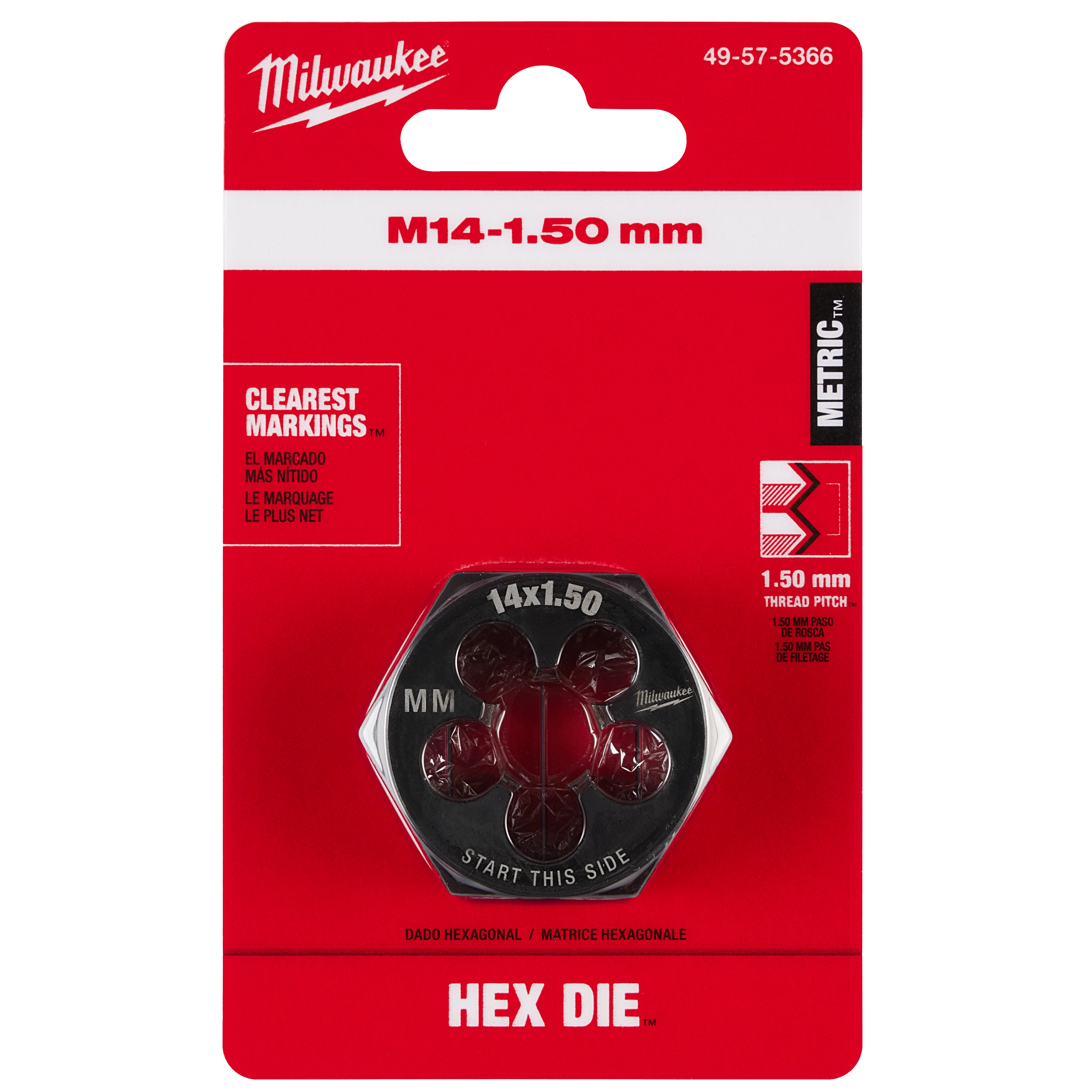 M14-1.50 mm Hex Threading Die product in red packaging, featuring clear markings and 1.50 mm thread pitch, hexagonal shape.