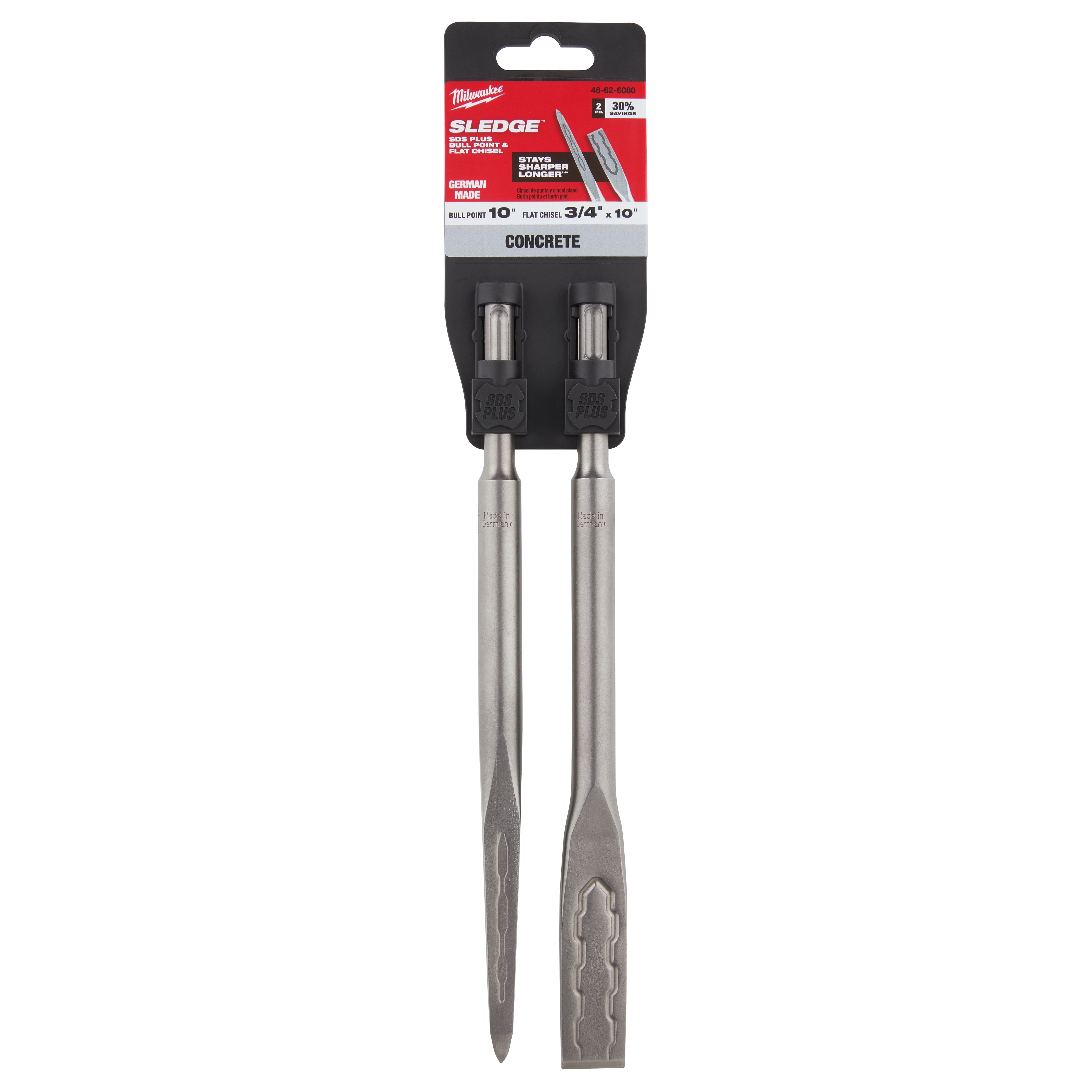 SLEDGE SDS Plus 2PC Chisel Kit includes two steel chisels designed for concrete, with a 3/4-inch flat and a 1-inch chisel tip.