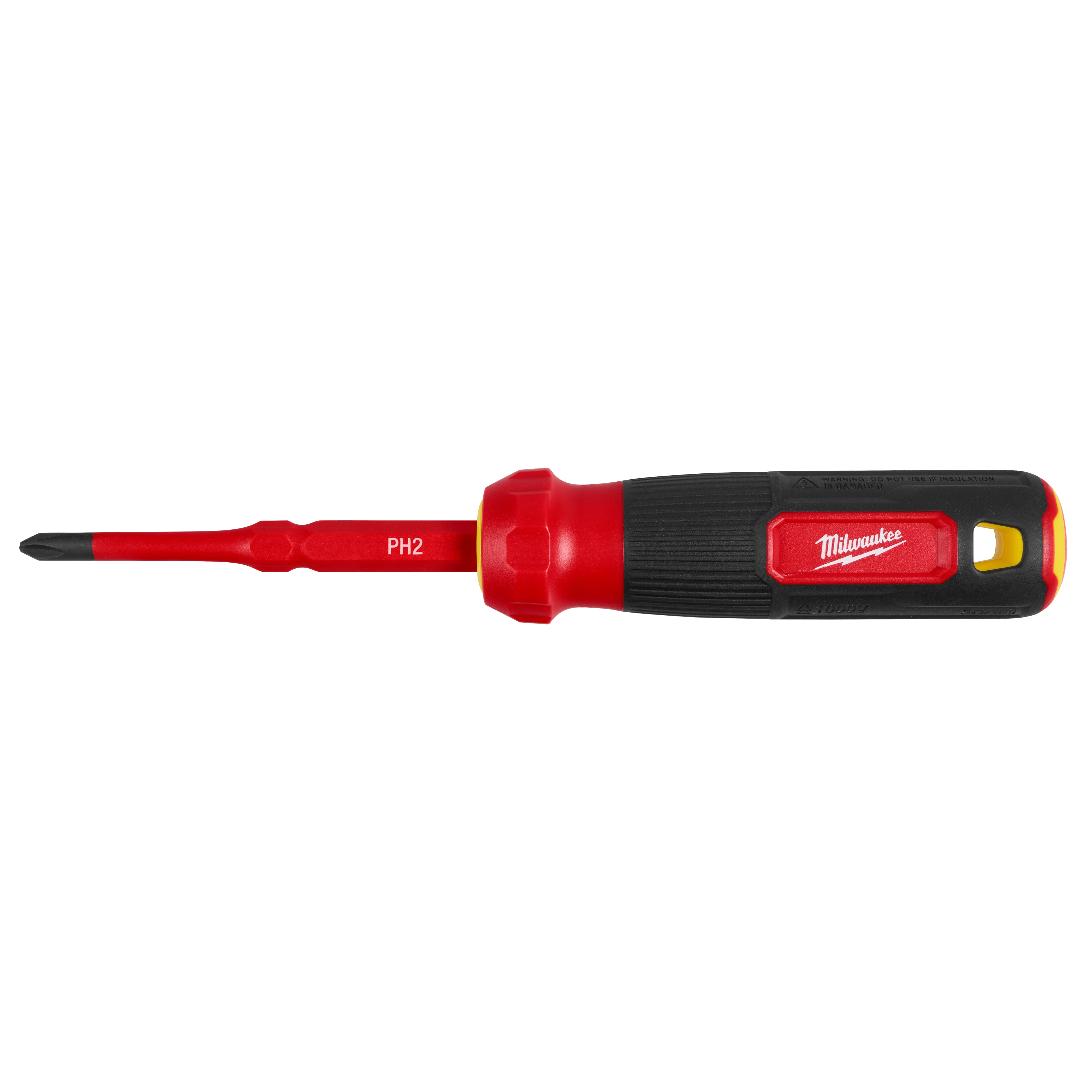 Milwaukee 2-in-1 1000V Insulated Flip Shank Multi-Bit Screwdriver features a red and black handle with a yellow accent, a reversible shank, and PH2 bit. Designed for electrical safety, it is rated for 1000 volts.