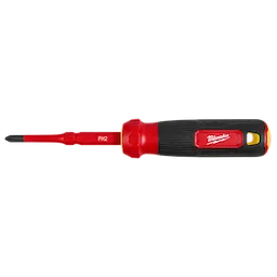 Milwaukee 2-in-1 1000V Insulated Flip Shank Multi-Bit Screwdriver features a red and black handle with a yellow accent, a reversible shank, and PH2 bit. Designed for electrical safety, it is rated for 1000 volts.