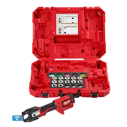 The M18™ FORCE LOGIC™ 600 MCM Crimper w/ #8 - 350 MCM Al Dies is shown along with its red carrying case. The crimper and various colored dies are organized neatly within the case, which has compartments and a chart for reference on the inside lid.