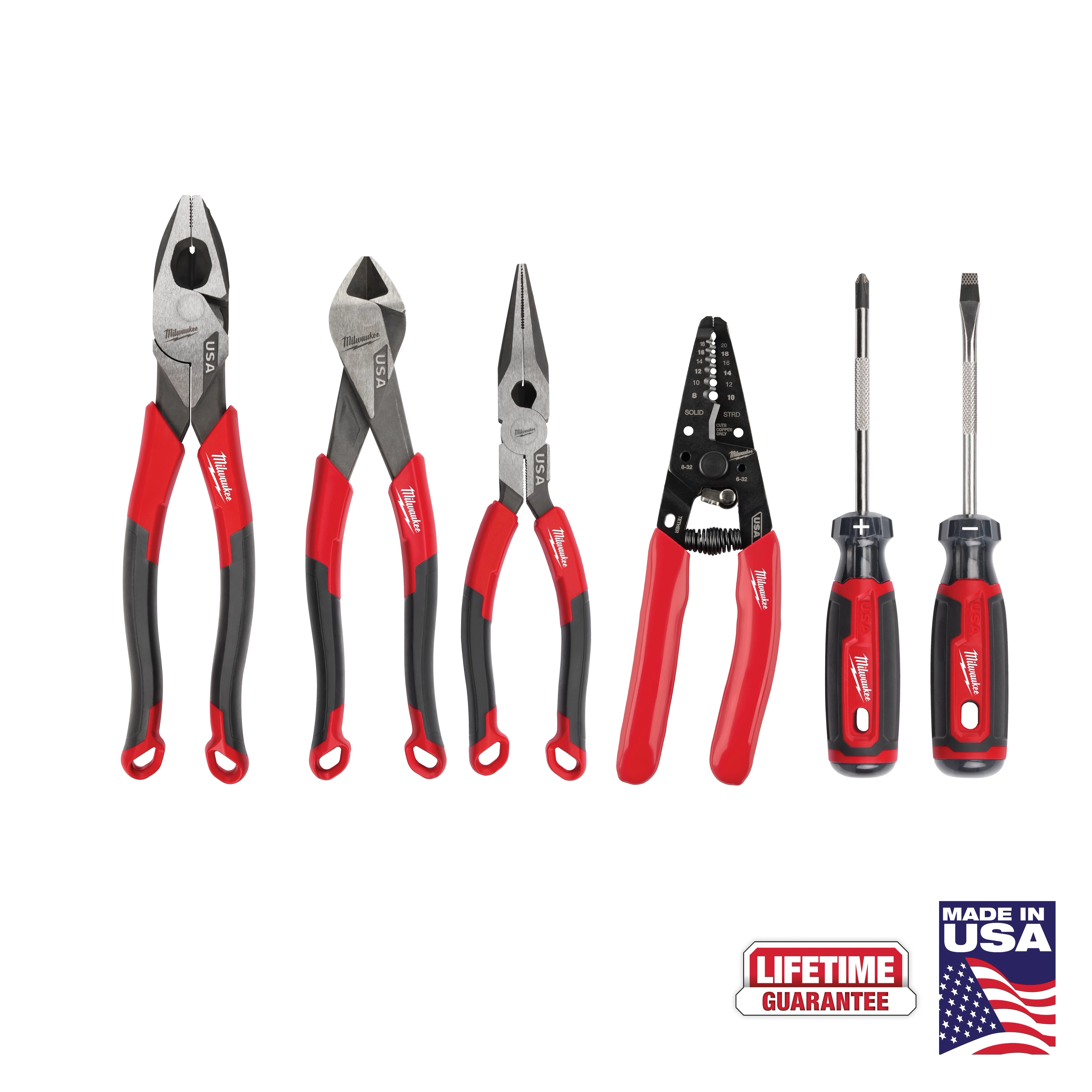 6 PC. Comfort Grip Cutting Pliers, Wire Stripper, & Cushion Grip Screwdrivers Set (USA) with red and black handles.