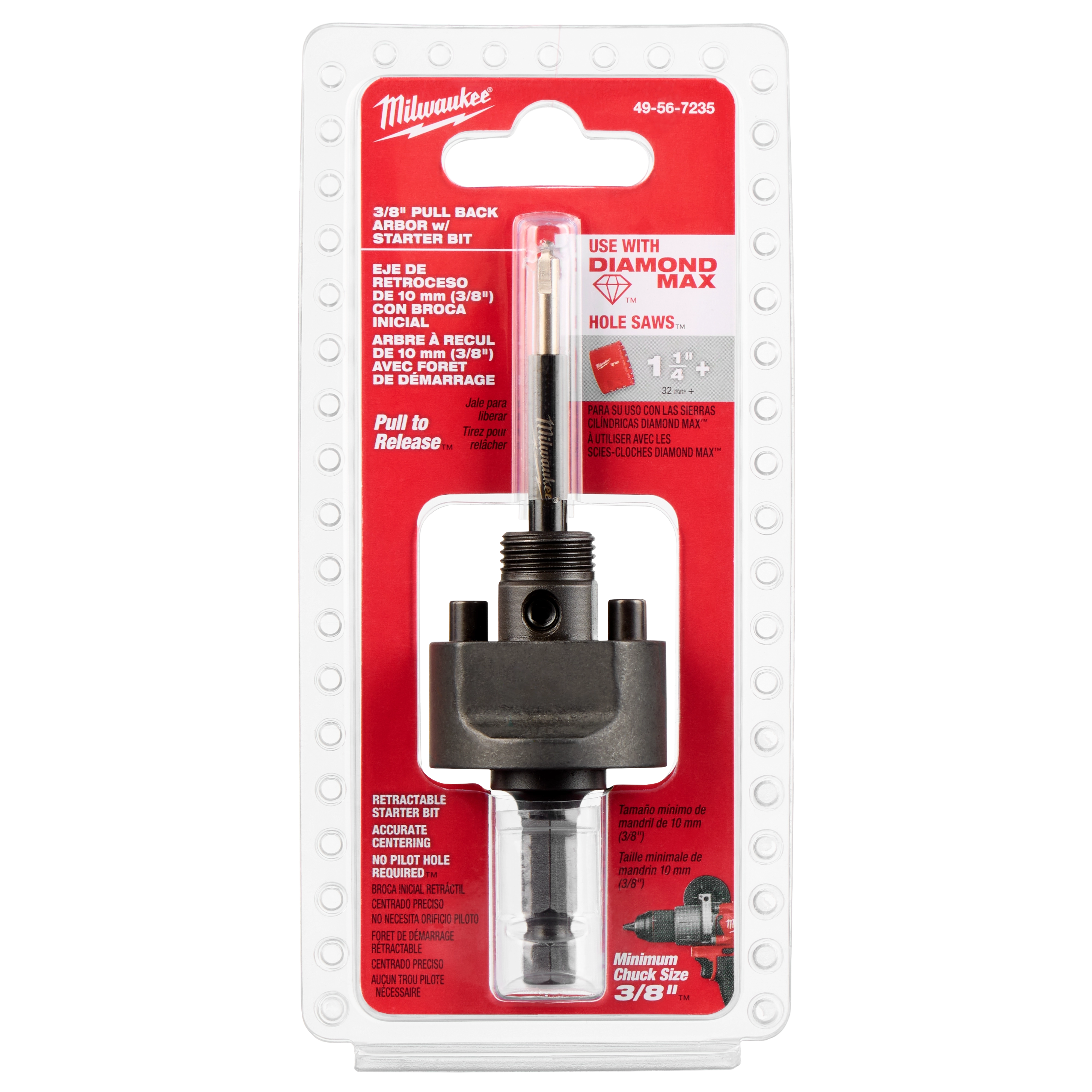Image of a Milwaukee® 3/8" Pull-Back Arbor with Retractable Starter Bit. The tool is packaged in a red and white blister pack with specifications and instructions. The packaging indicates compatibility with Diamond Max hole saws. The product code 49-56-7235 is visible at the top right.