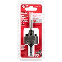Image of a Milwaukee® 3/8" Pull-Back Arbor with Retractable Starter Bit. The tool is packaged in a red and white blister pack with specifications and instructions. The packaging indicates compatibility with Diamond Max hole saws. The product code 49-56-7235 is visible at the top right.