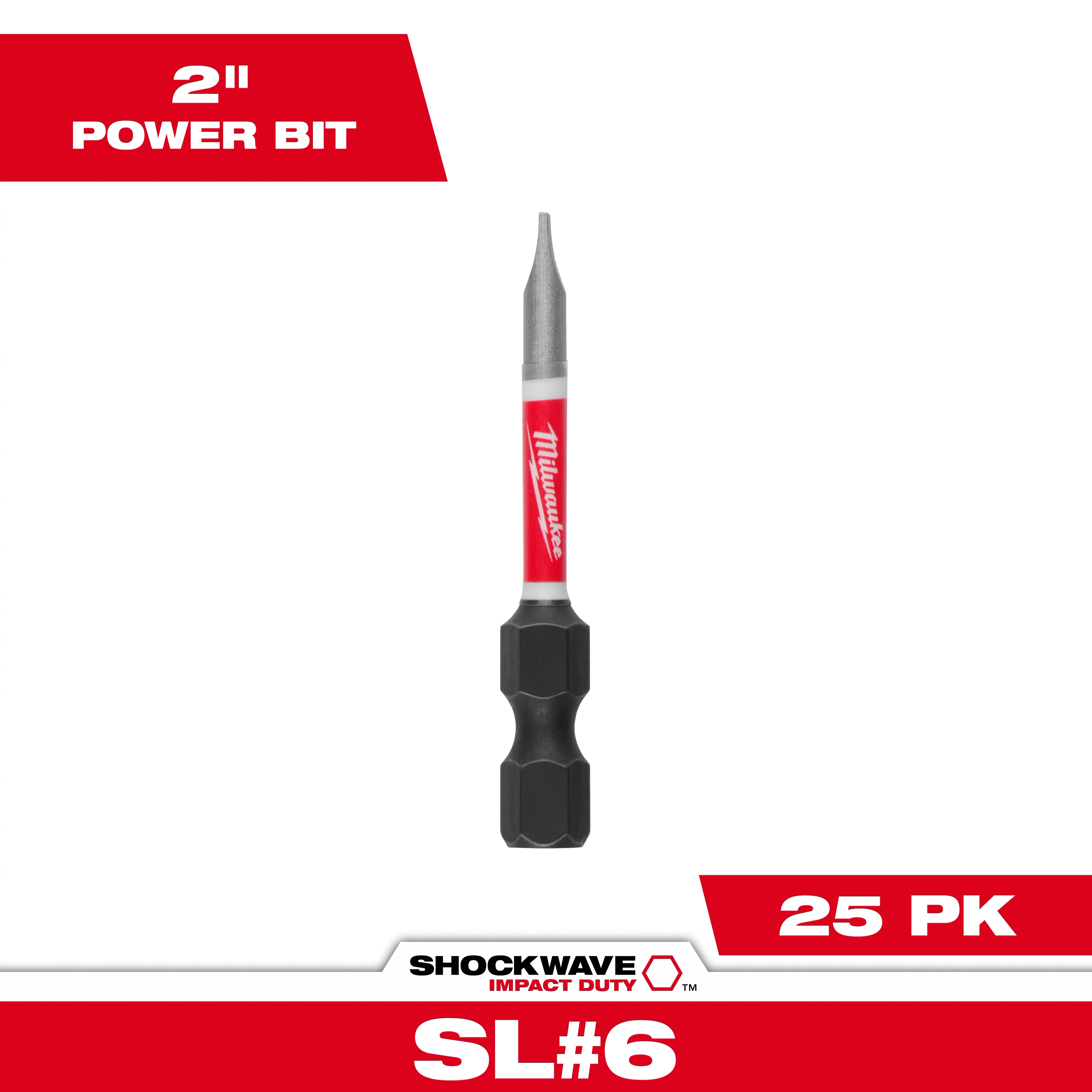 Image of a 2-inch Shockwave™ Impact Duty Slotted 7/64" Power Bit, with a red and silver design featuring the Milwaukee logo. The packaging shows "25 PK" in red and white at the bottom, indicating a pack of 25 bits.