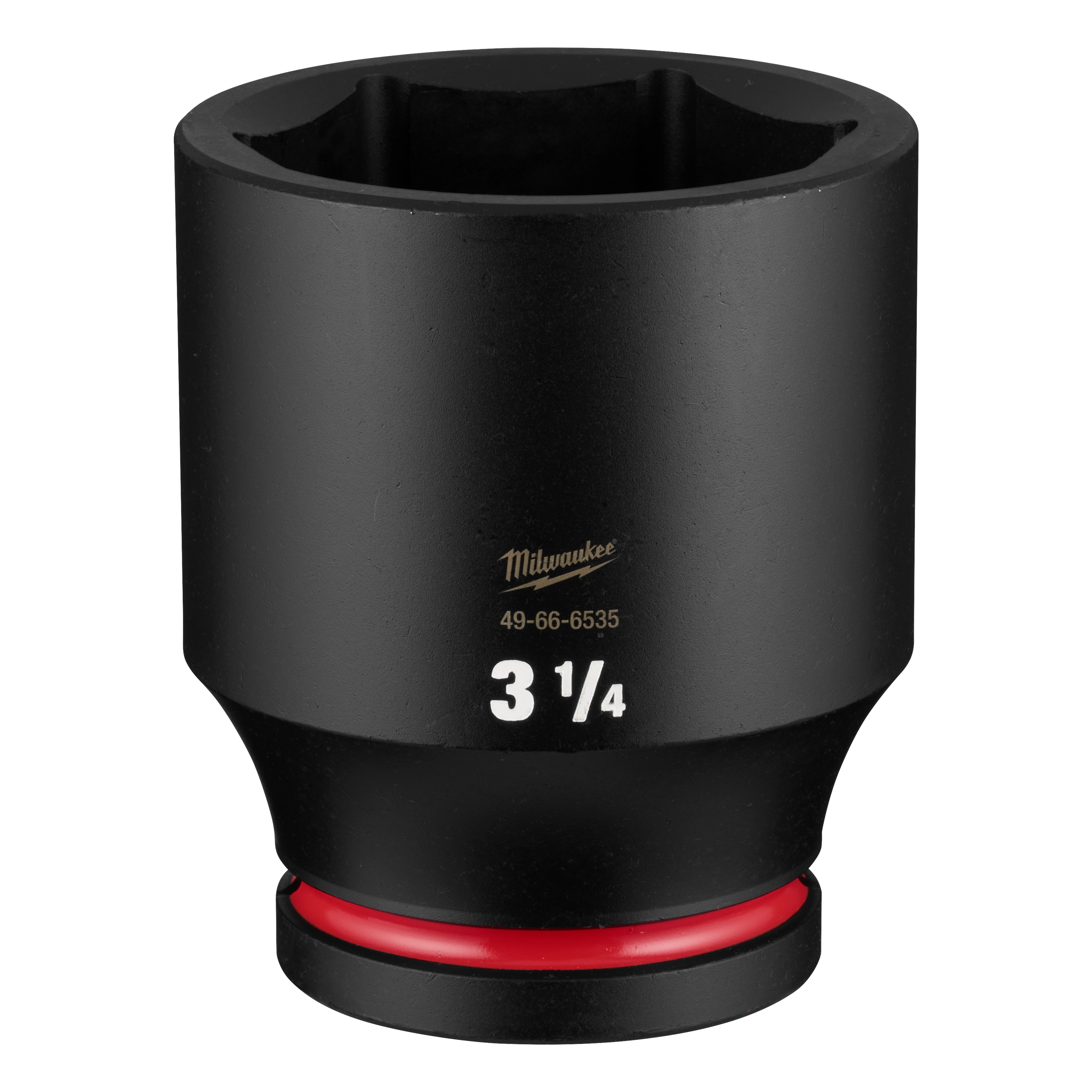 SHOCKWAVE Impact Duty 1" Drive 3-1/4" Deep 6 Point Socket standing upright with a red ring near the base.