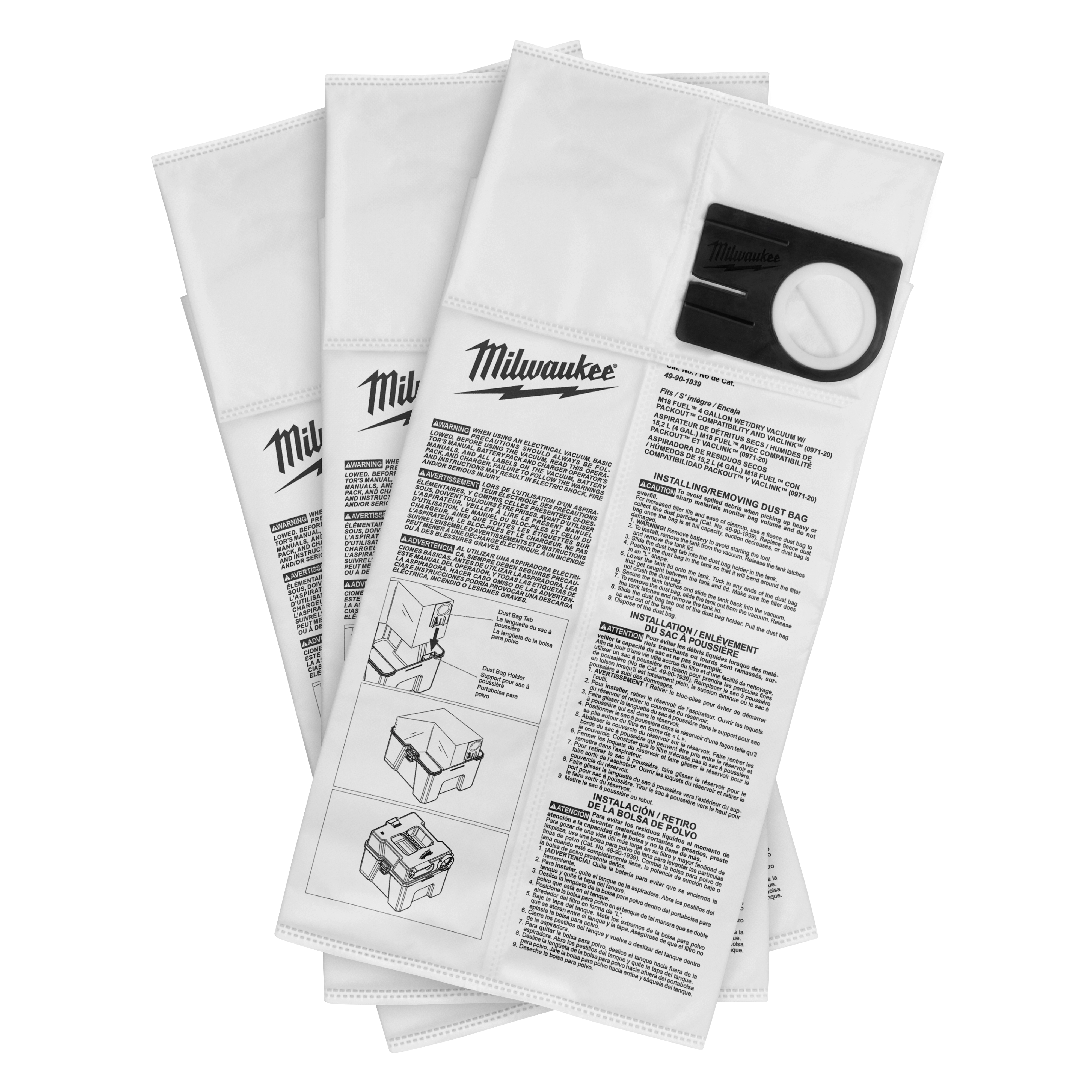 Three rectangular Fleece Dust Bags (3 PK) with printed instructions and a circular connector panel.