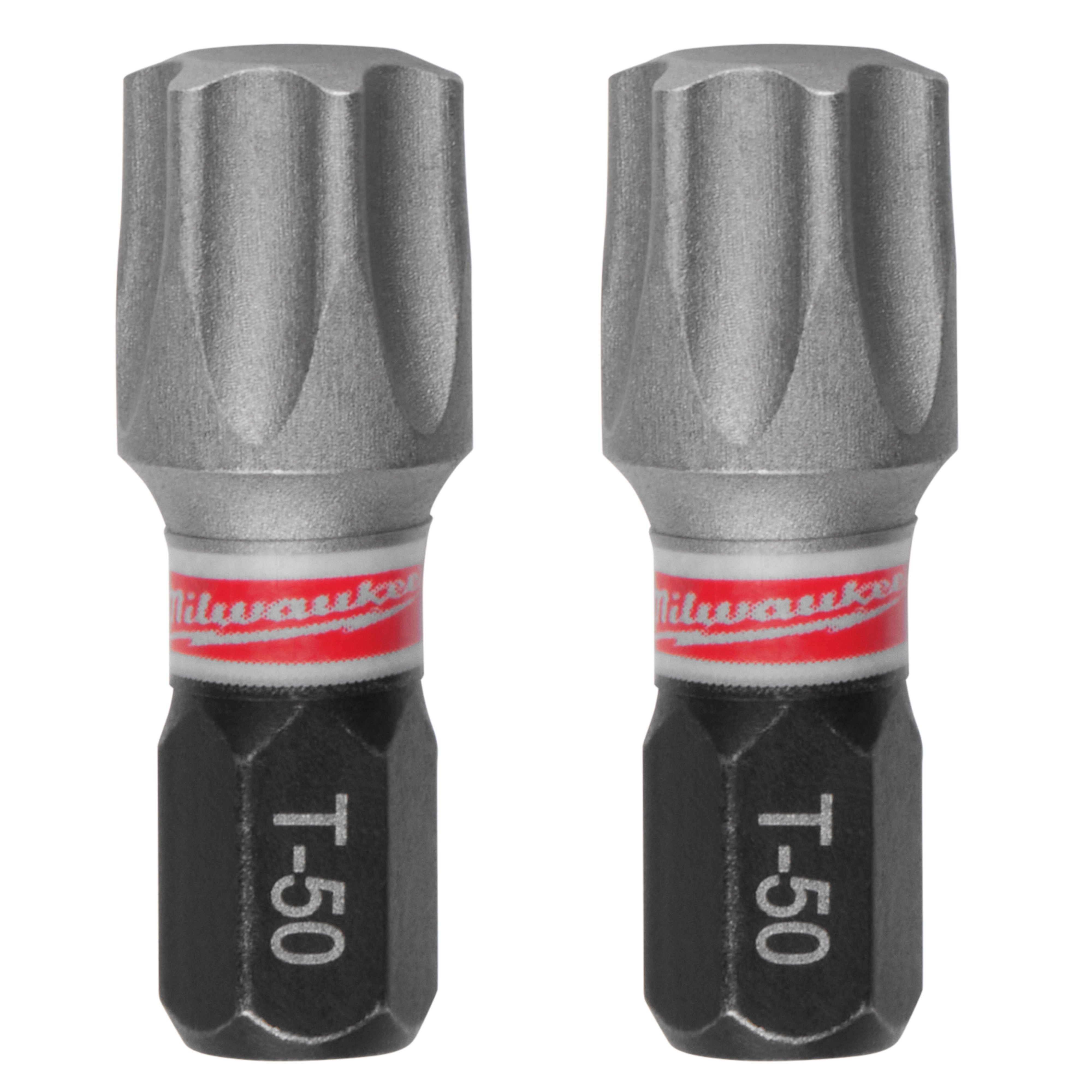 The image shows two Milwaukee T-50 screwdriver bits with Torx heads. The steel bits have a silver top, a black lower section labeled "T-50," and a red band with the brand name "Milwaukee." They are designed for screwing or unscrewing Torx screws.